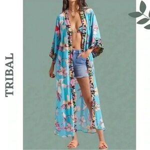 Tribal XIX Palms Duster Honolulu Size S/M Turquoise Floral Print